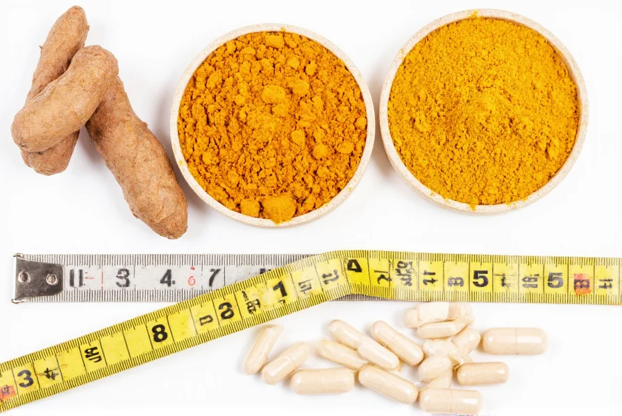 Turmeric root, powder, and capsules arranged with measuring tape showing weight measurements