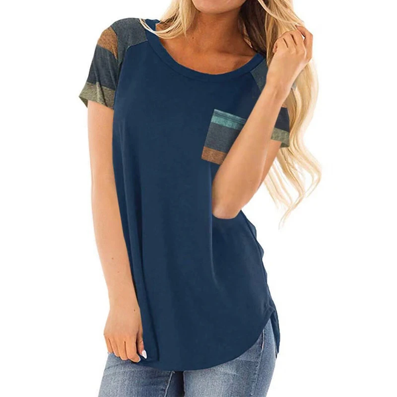 

Rummandy Custom Casual Loose Splice Short Sleeve Striped Pocked T Shirt Women, Customized colors