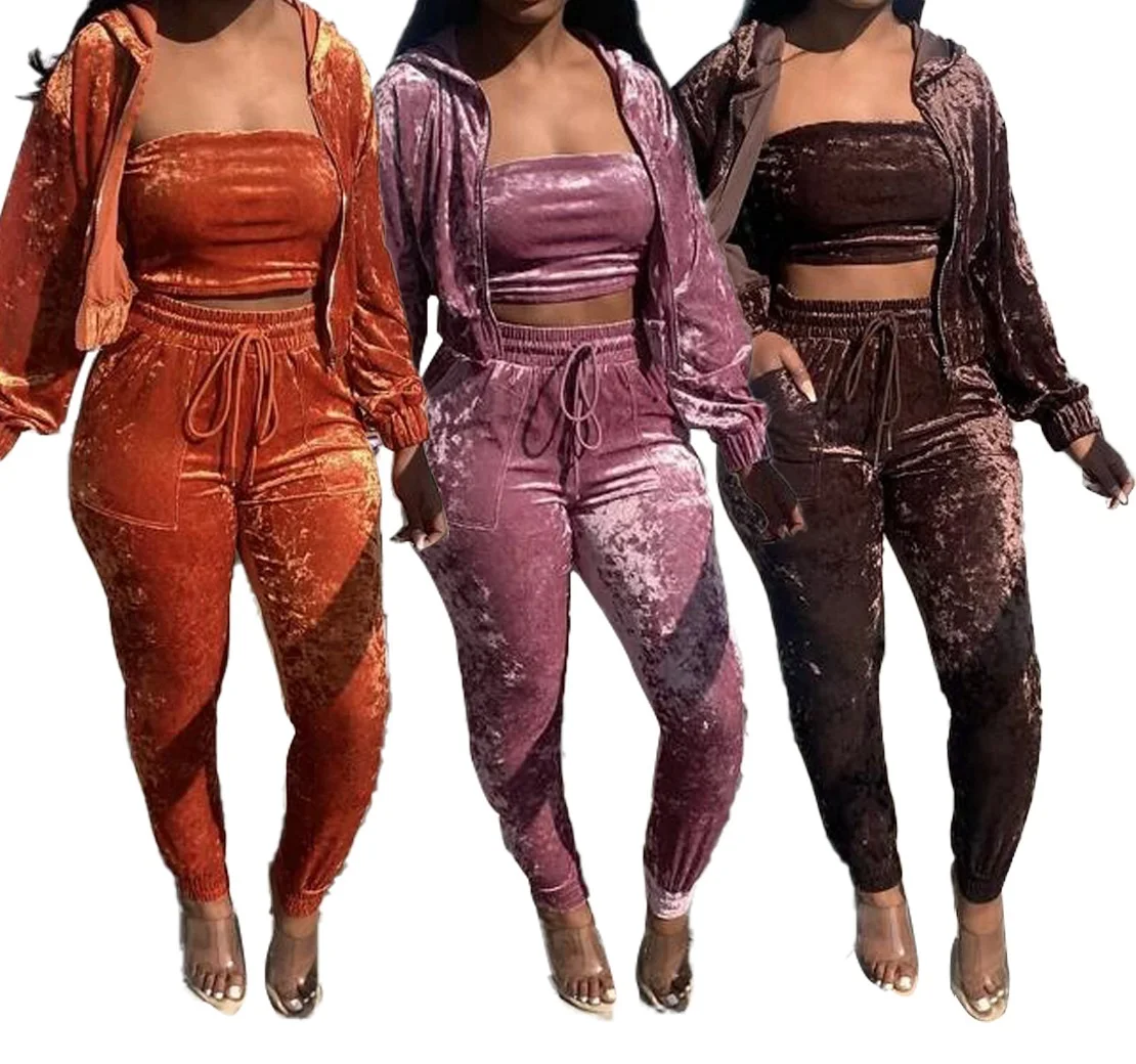 

Wholesales Fall Tube Top Pants Set Cropped Plain Full Zip Up Hoodie Set Velvet 3 Piece Set Jogging Sweat Suit