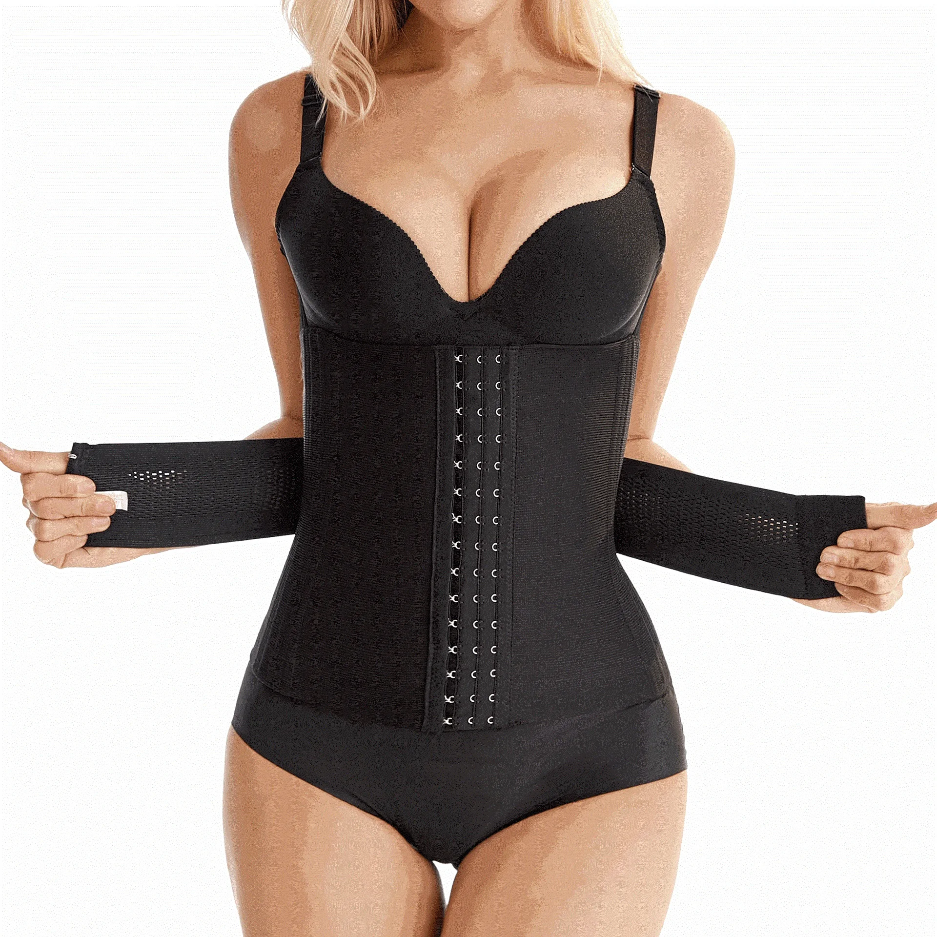 

16 Steel Bones Nylon Double Strap Compression Waist Trainer Long Torso Corset Flat Tummy Shaper Waist Trainer, Black beige