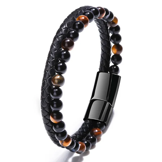 

Natural Stone Bracelets Genuine Leather Braided Bracelet Black Magnetic Clasp Tiger Eye Beads Bangles Punk Men Jewelry (KB8420), As picture
