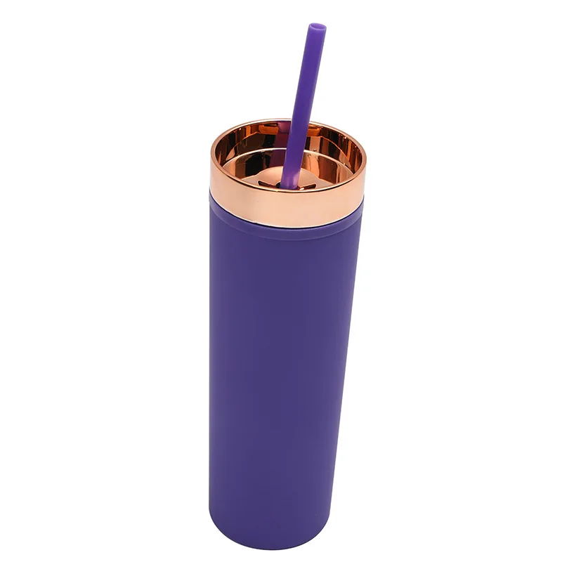 Image of wholesale custom plastic double wall colorful matte 16oz skinny water bottle with lid and straw coffee juice tumbler cups bulk