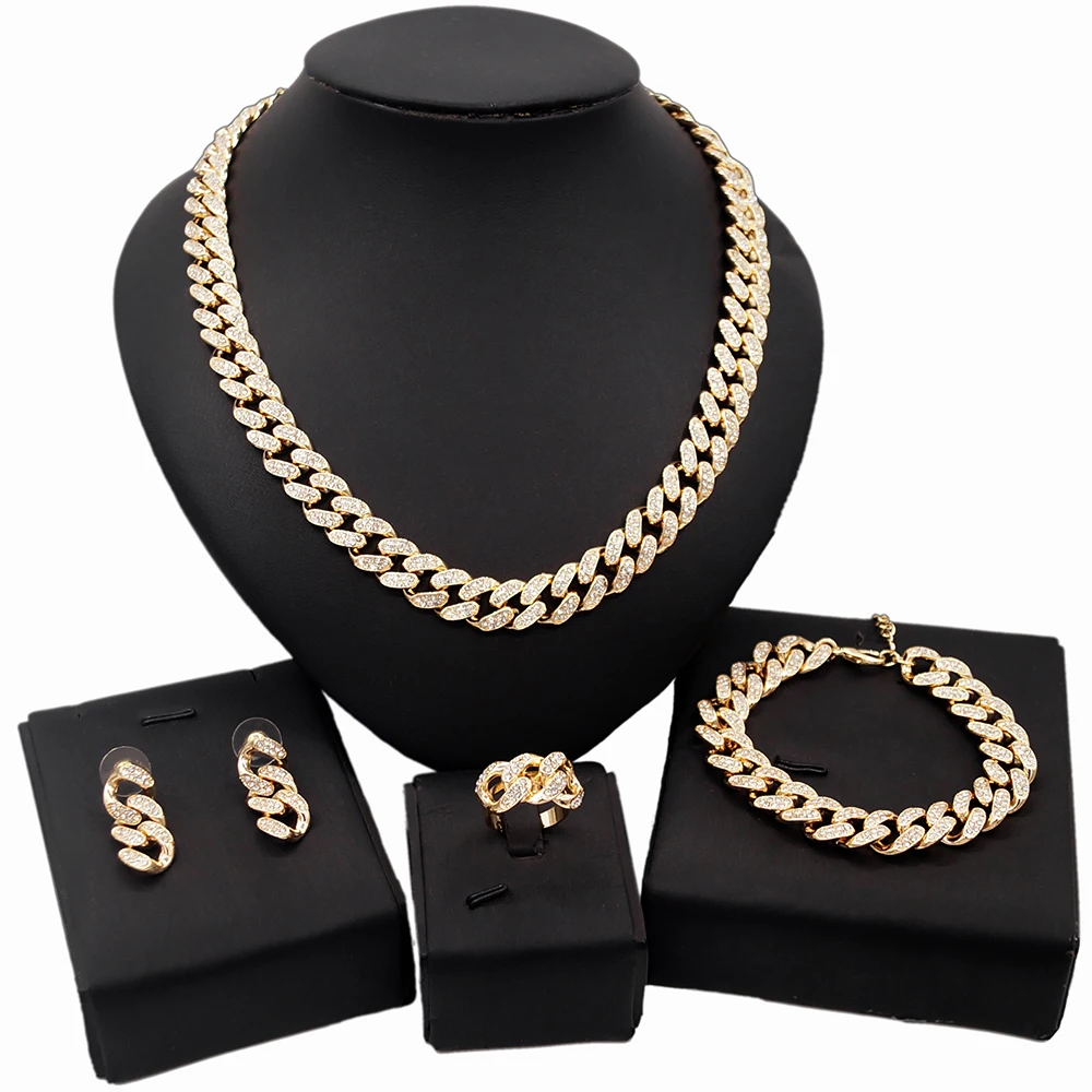 

Yulaili Hip Hop Style Cuban Chain Gypsophila Jewelry Sets Women's Cuban Necklace Bracelet Earring Ring Four Pc Jewelry Set X0093