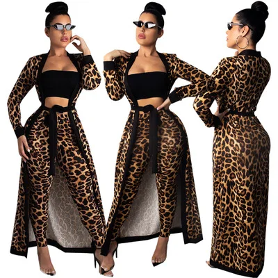 

Long Style Leopard Print Comfortable Flexible Long Sleeves Waist Band Night Club Sexy Two Piece Sets Women