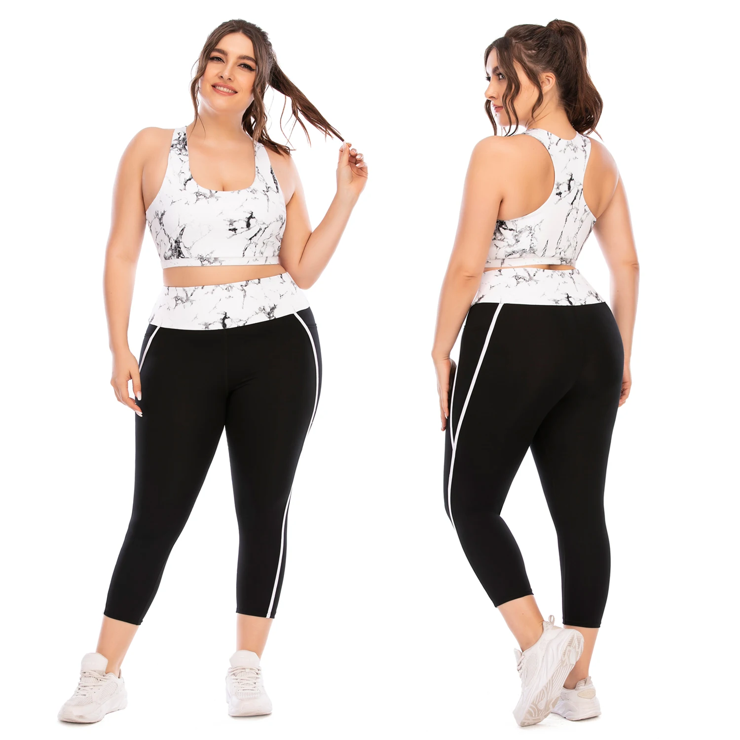 

New Design Pocket crop marble Padded Workout 2 Pieces High Waist Stripe Foil Activewear Ladies plus Size custom workout apparel
