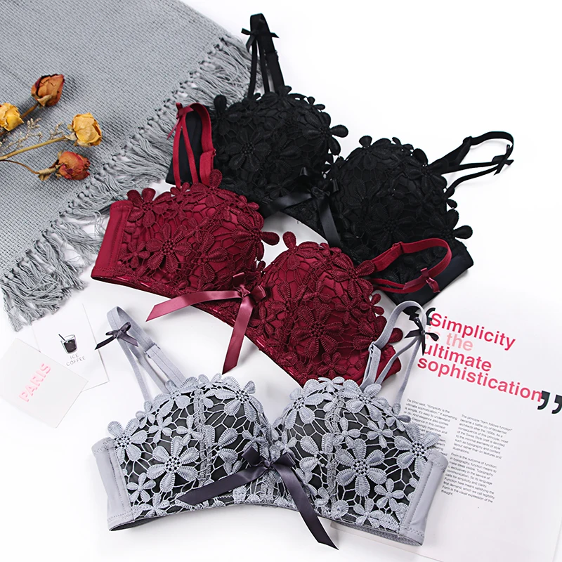 

Breathable comfortable gather small chest thick sexy bra anti-sagging no steel ring push up lace embroidery underwear, Black