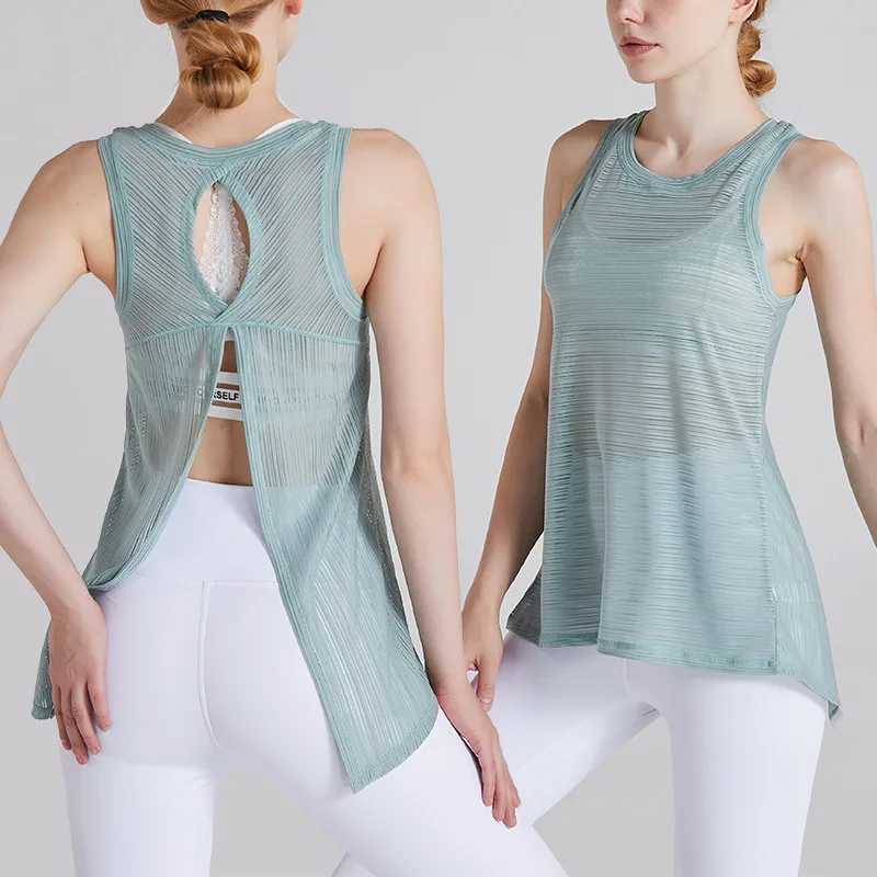 

2021 Women Sexy Gym Wear Sleeveless Quick Dry Mesh Safety Breathable Vest Sport Yoga Tank Tops Round Neck Sports Tank Top, Customized colors