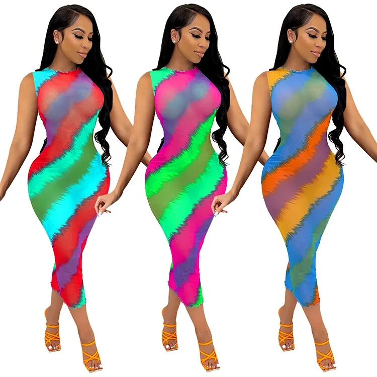 

MT233-8090 Colorful Striped Register Print Gauze Maxi Dress Club Outfits Summer Sleeveless Fashionable Women Dresses