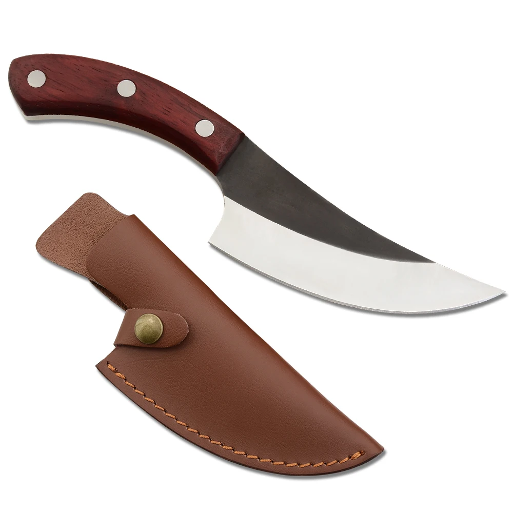 

Amazon hot sale Chinese butcher knife 5MM razor sharp handmade pocket hunting knife outdoor with leather sheath
