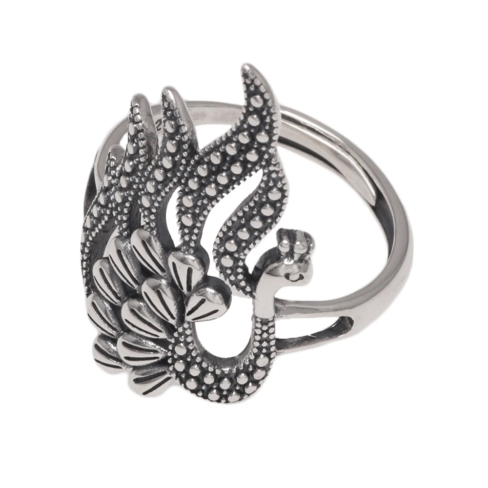 

Real 925 Sterling Silver Peacock Ring Women's Vintage Open Style Exaggerated Thai Silver Animal Jewelry