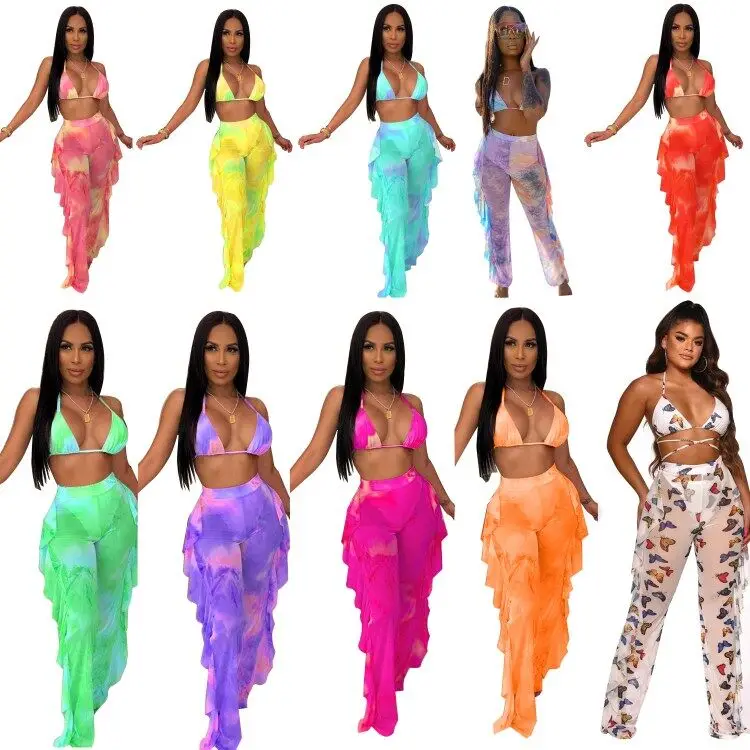 

Hot Sale Summer Sexy Mesh Printed Bikinis Woman Swimwear Two Piece Set Beachwear Swimsuits For Women 2021