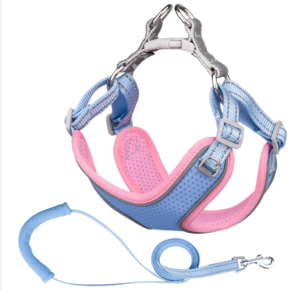 

Professional Factory Wholesale fashion Soft Breathable Mesh step in dog harness reflective collar leash