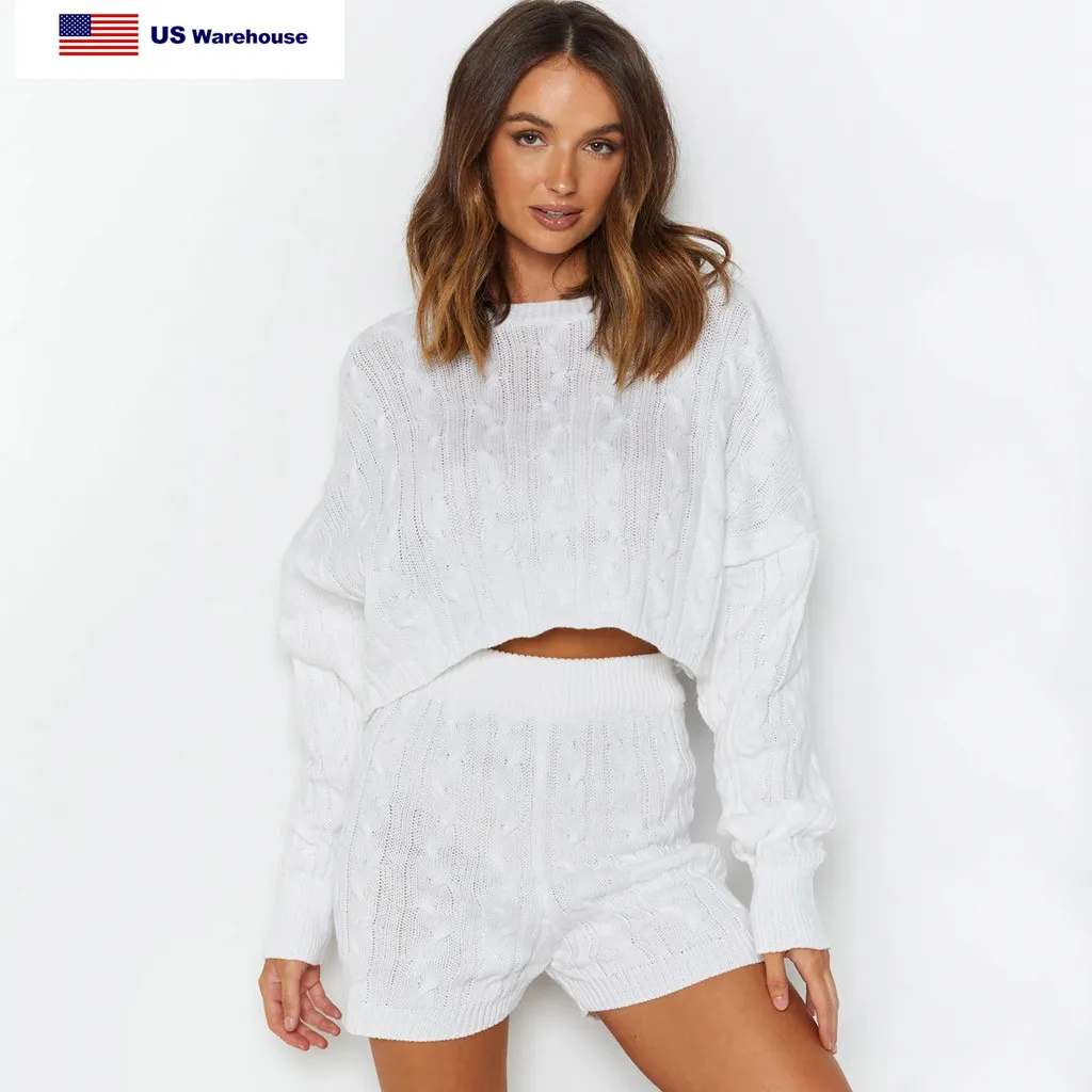 

New European nd merican causal short backless knitted cropped top two pieces sweater set women loungwear sleepwear