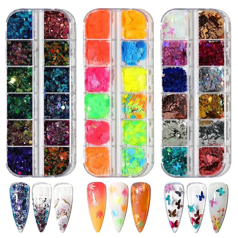 

3d holographic butterfly leaf shaped nail glitter splarkly nail sequins flake acrylic manicure ultrathin diy nail art decoration, 12 colors/box