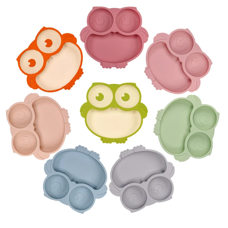 

Baby Dining Plate With Suction Cup Integrated Dual Color Silicone Cute Owl Shaped Prevent Overturning Children's Dining Plate