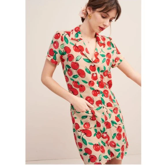 

2020 New Arrivals step collar apple print women ladies shirt casual dresses