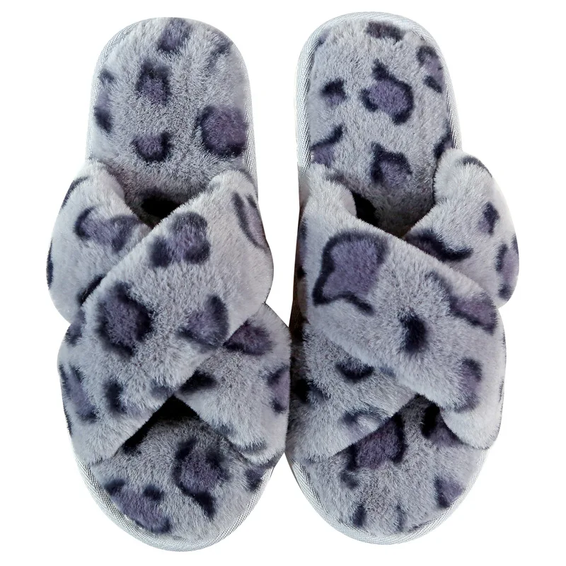 

New Leopard Cross Strap Floor Slippers Female Non-Slip Warm Indoor Home Wear Slippers Wholesale, Regular colors