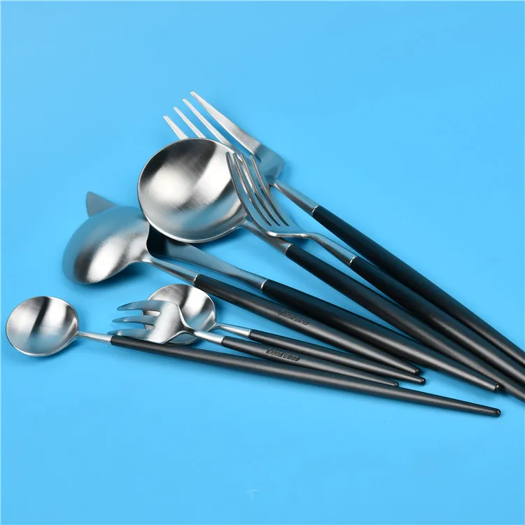 

Hot-selling high quality home table use black silver spoons forks knives stainless steel cutlury set, Customized is available