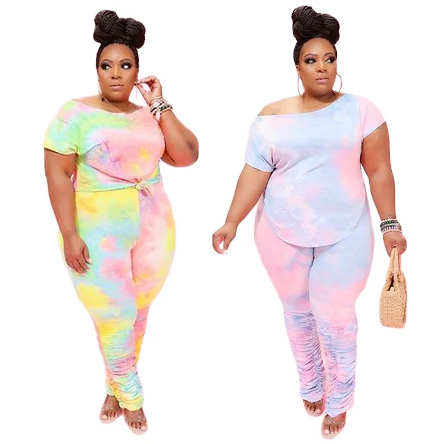 

Summer Tie Dye Print Short Sleeves Loose T Shirt Stacked Pants 2 Piece Set Fat Ladies Plus Size Clothing, Picture