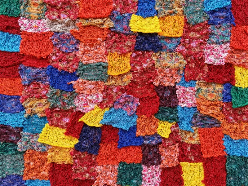Colorful fabric scrap wall hanging with geometric patterns