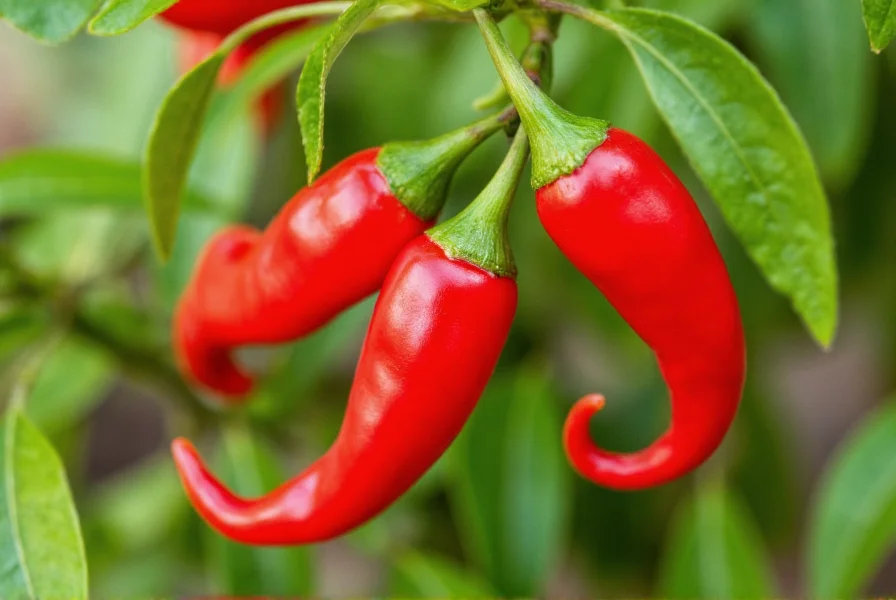 Close-up photograph of red scorpion chili peppers growing on plant with distinctive curved tails
