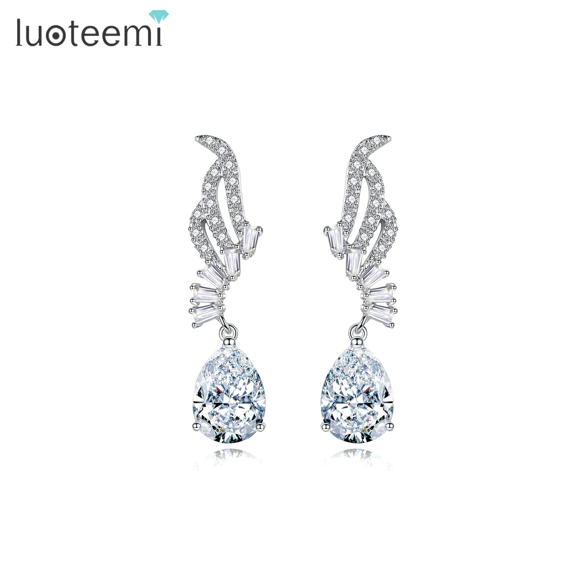 

LUOTEEMI Wholesale Luxury Women A AA Water Drop Cubic Zircon Diamond Bridal Wedding Angle Wing Dangle Earrings