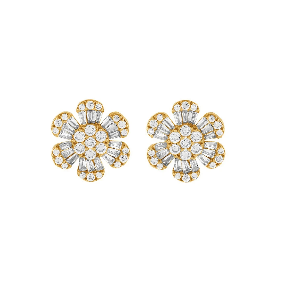

Women jewelry trend 2020 18k gold plated wholesale 925 sterling silver cubic zircon baguette flower stud earrings