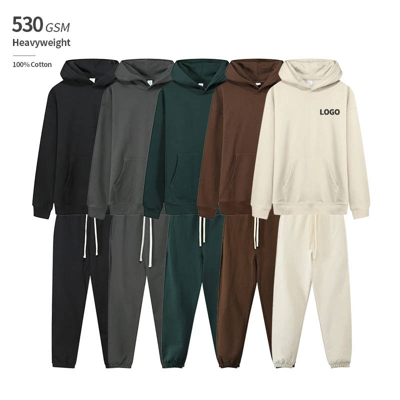 

530gsm cotton heavyweight no String pullover hoodie tracksuit Men's Sets