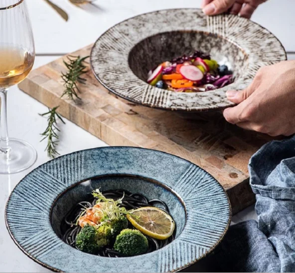 

Creative Art Relief Straw Hat Plate Japanese Ceramic Nordic Deep Plate Cutlery Pasta Plate, As photo showed