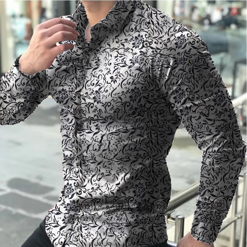 

2021 Muscular Men's Lapel Cardigan Flower Shirt Slim Shirt Long Sleeve Casual Camiseta Summer Shirts, White, black, navy blue