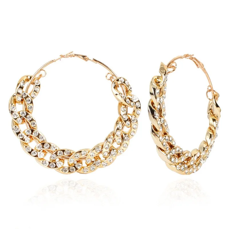 

New Arrival Exaggerated Bling Sparkling Diamond Chain Oversize Hoop Earrings For Women, Gold silver