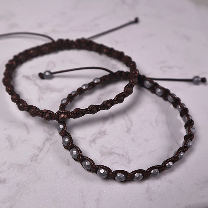 

Boy & Girl Used Simple Design Leather String Faceted Hematite Beads Handmaded Bracelet, Multi