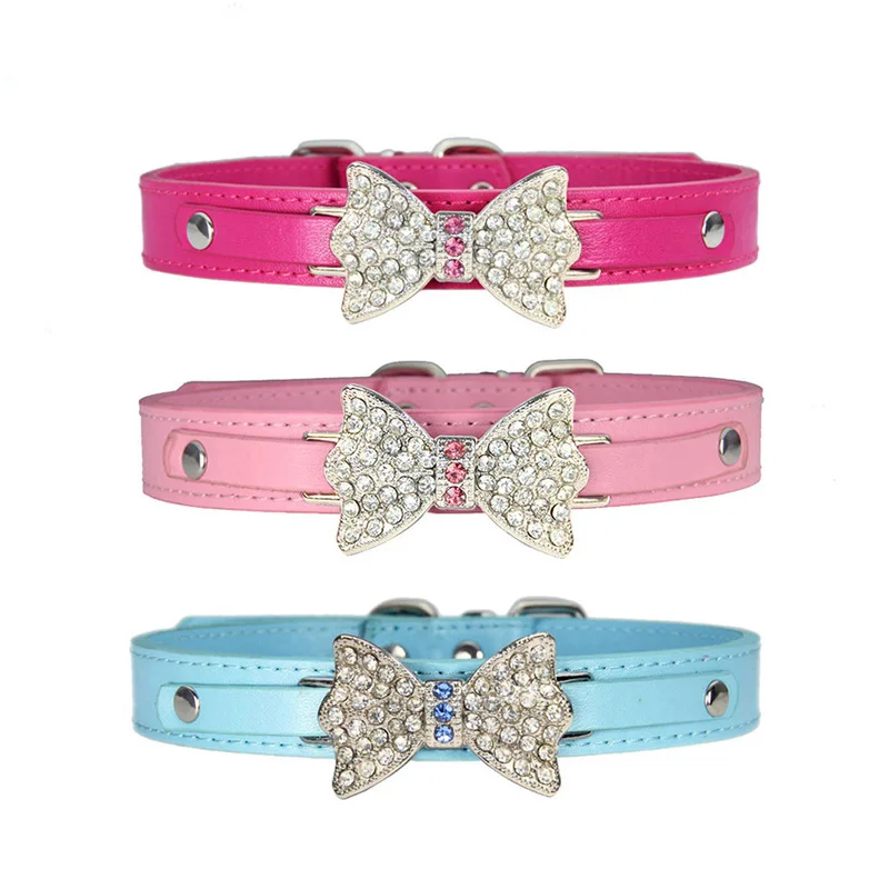 

5 Size Pet Small Dog Leather Bow Cat Collar Bling Rhinestone Puppy Collar Pomeranian Teddy Collar For Dogs, Picture