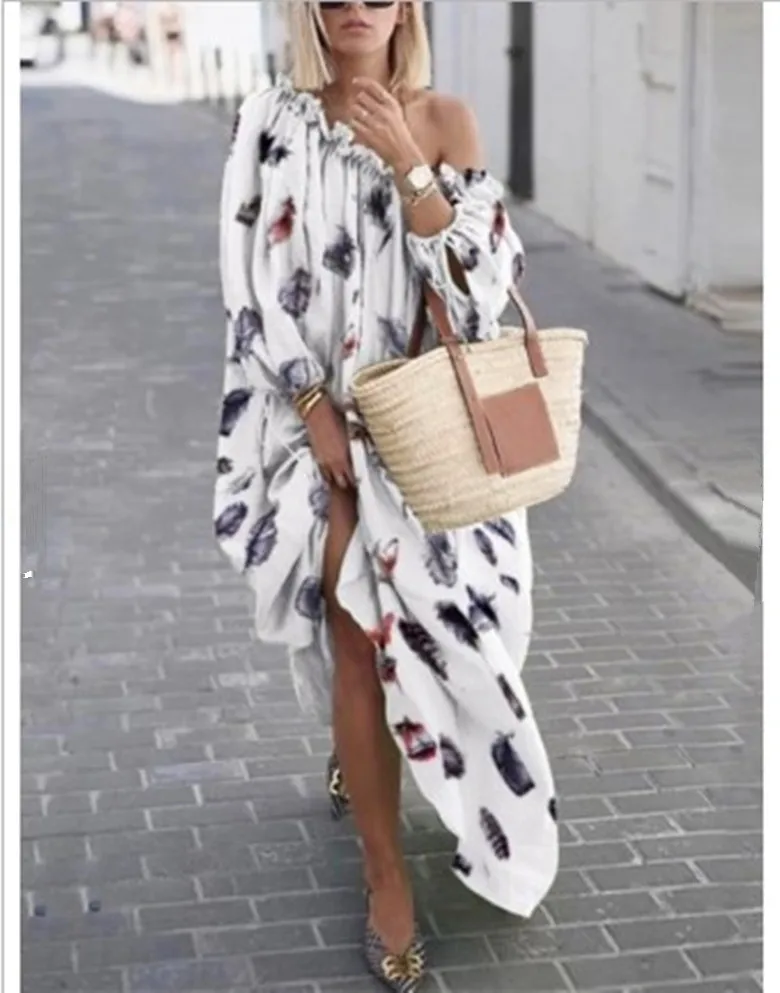 

Elegant Summer Slash Neck Print Three Quater Sleeves Women Casual Dress, As photo