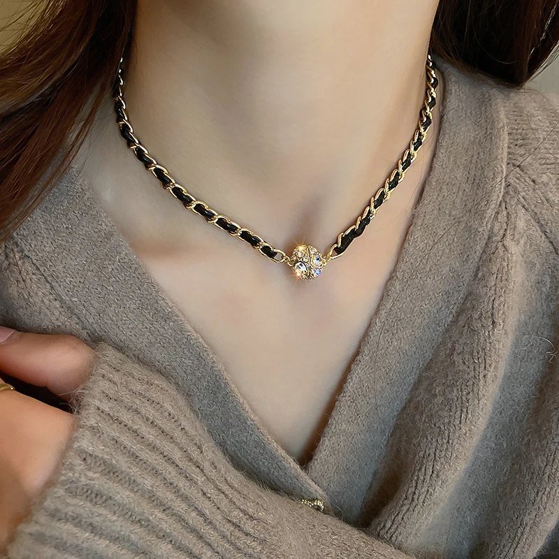 

fashion leather chain crystal ball magnetic necklace