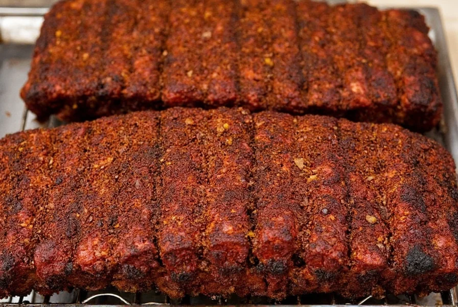 Platter of perfectly smoked ribs with crispy bark