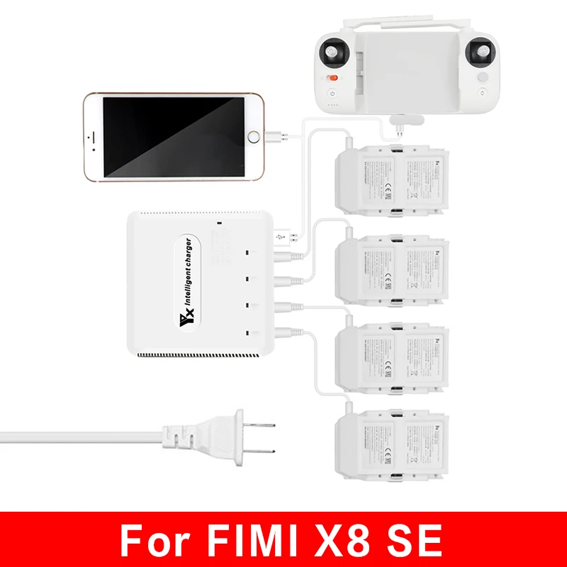 Tineer FIMI X8 SE Intelligent Drone Battery Charger Charge 4 Batteries & 2 USB Ports for Smartphone/Drone for FIMI X8 SE FPV RC Drone Accessory 6 in 1 Multi Battery Charger Charging Hub Adapter 