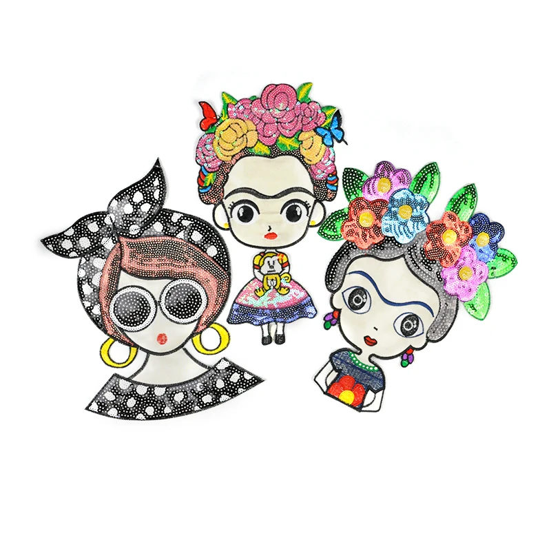 

Hot-selling ready to ship fashion popular Mexico frida cute doll embroidery patch woman head dress sequin patch
