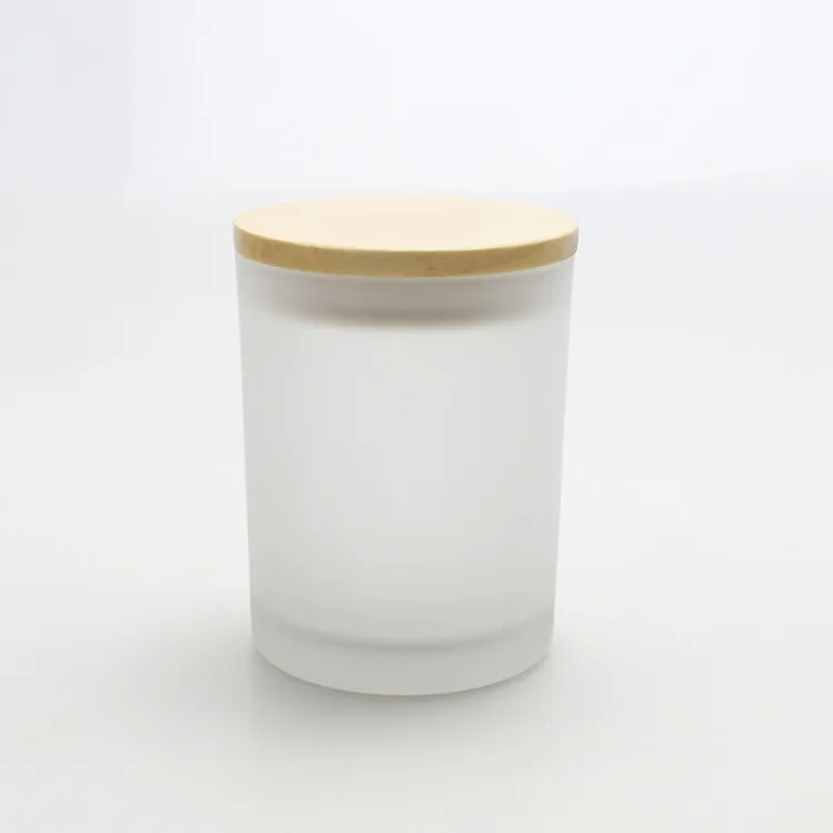 Custom Frosted White Glass Candle Jar With Wood Lid For Wedding Gift