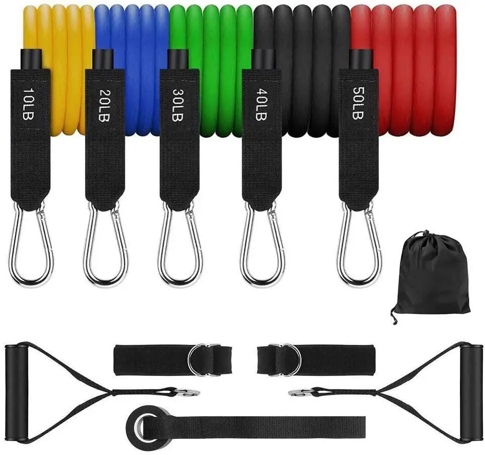 

Home gym adjustable 11pcs tube Yoga Elastic Resistance Loop Full Body Exercise Fitness bands set, Red, blue, green, yellow, black