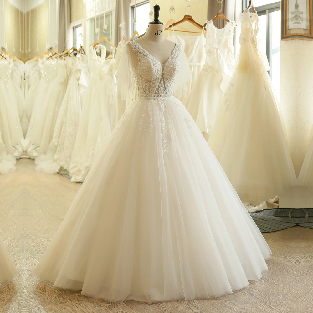 

SL613 custom make wedding dress with puff sleeve tulle lace applique backless bridal gown floor length long dresses for women