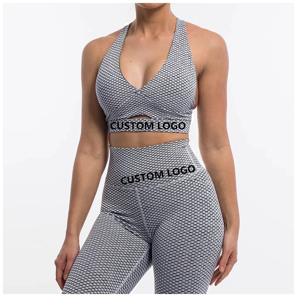 

Branding & Dropshipping High quality Honeycomb fabric compression set yoga seamless leggings top sport suit 2 piece deep V Bra