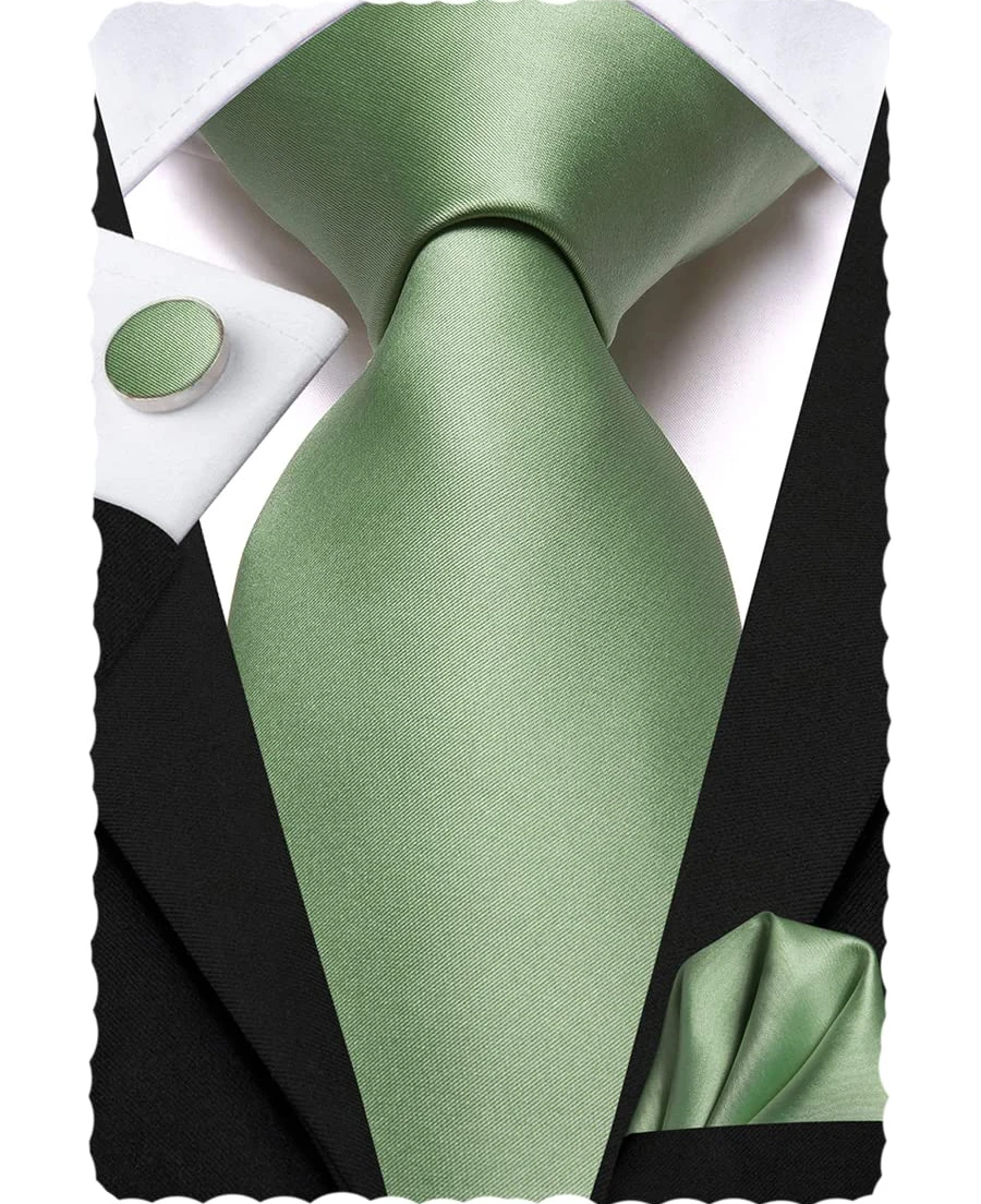 Mens Solid Color Tie and Pocket Square Cufflinks Set Woven Silk Plain Jacquard Necktie Handkerchief for Men Wedding Party Formal