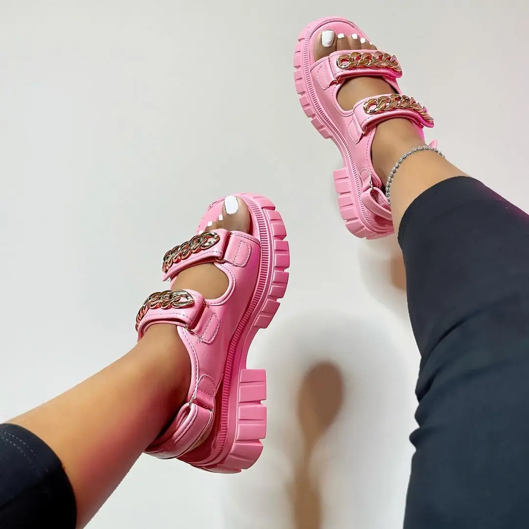 

2021 super hot sale round toe platform slide outdoor chain chunky adjustable double buckle 2 strap women sandals, Picture color