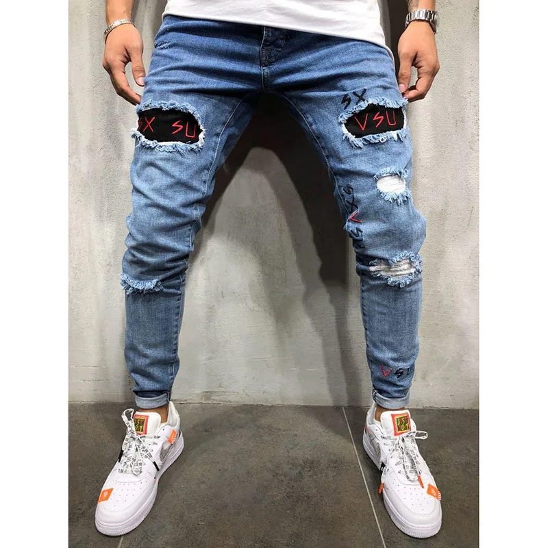 

Fashion embroidery men's summer ripped destroy plus size denim soft light blue boyfriend jeans, As picture