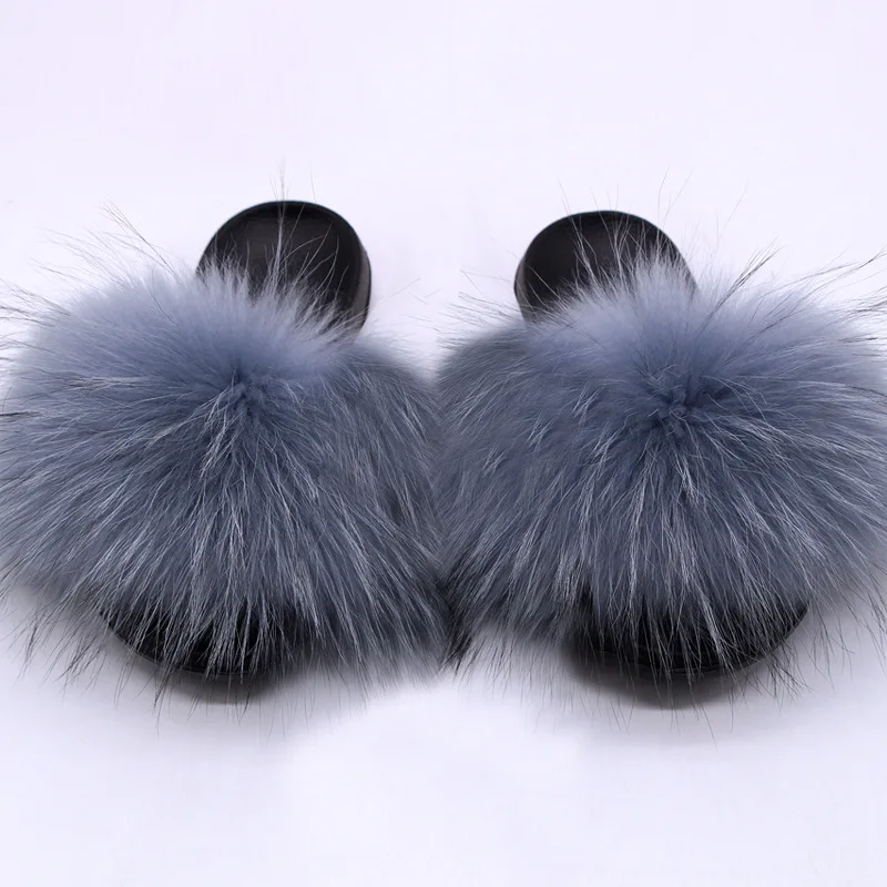 

Popular design woman wide wholsale real raccoon fur slides 2021, Customized color