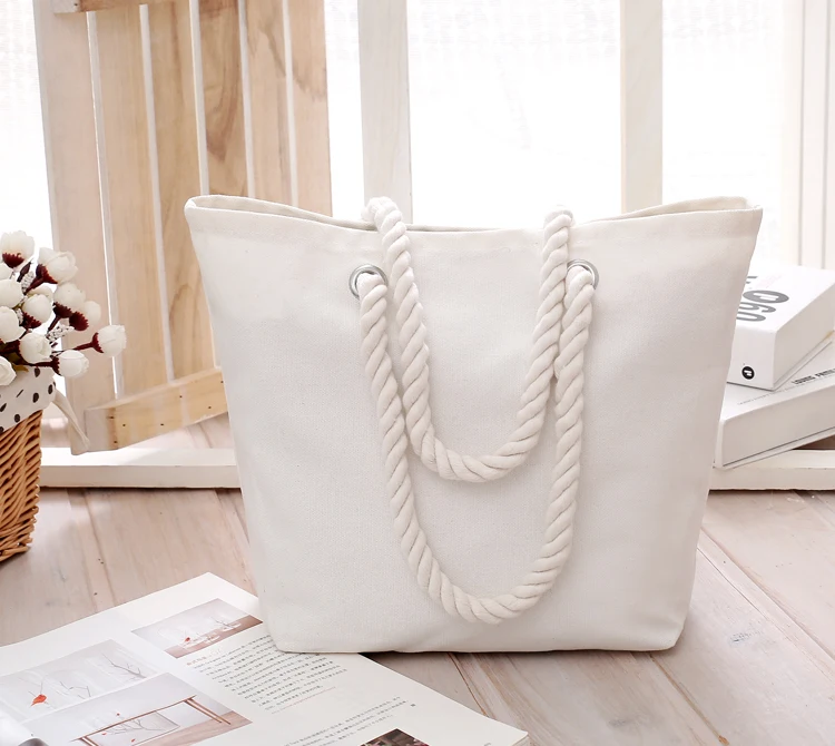 

Recycled custom design plain blank organic canvas tote beach cotton bag with rope handle, Natural color or customized color