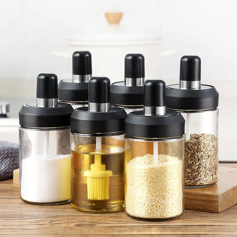 

250ml integrated Lead-free glass seasoning bottle kitchen glass spice jar bottle with spoon and brush, Transparent