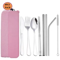 

Eco friendly 8pcs stainless steel spoon and fork straw portable stainless steel flatware set