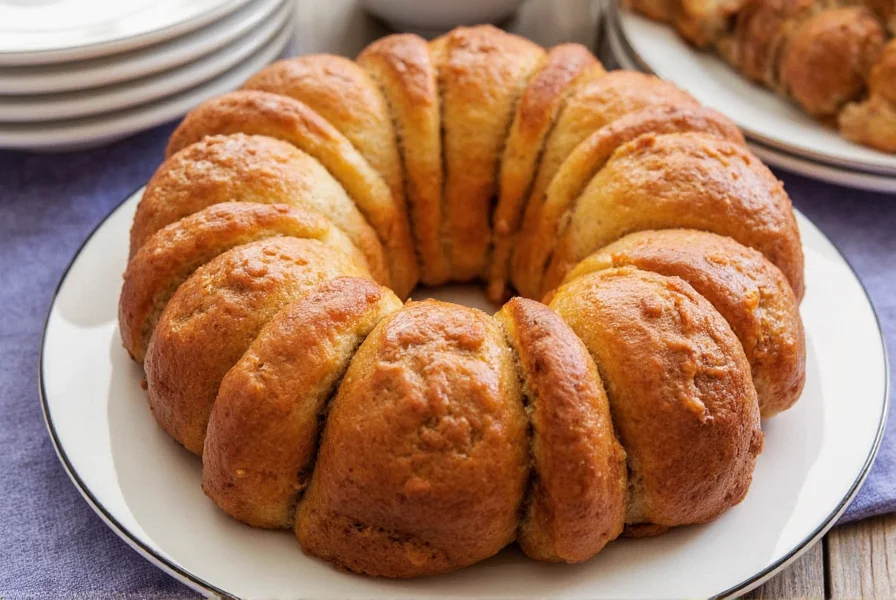 Finished monkey bread with cinnamon buns served on a white plate with powdered sugar dusting and fresh berries